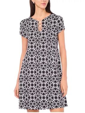 MSK Black White Geometric Keyhole Dress w/ Rings S